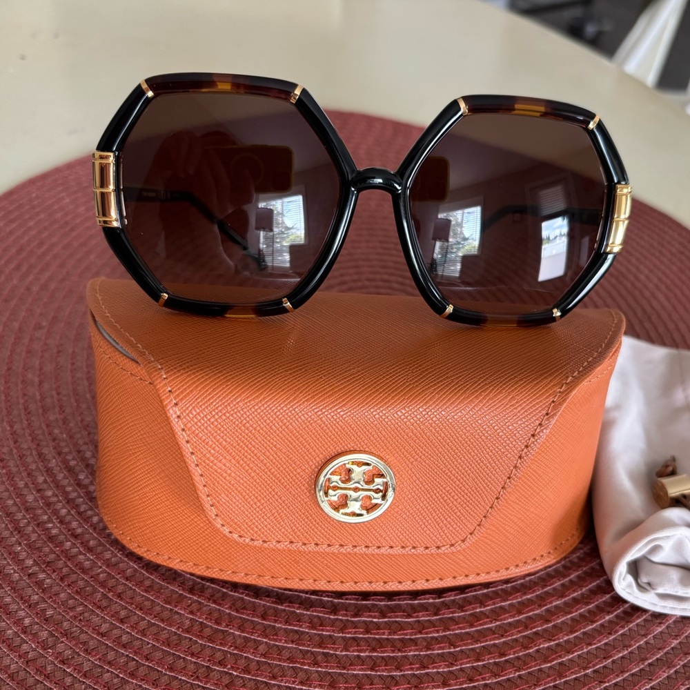 Tory Burch Dark Tortoise Hexagonal Sunglasses with Orange Case